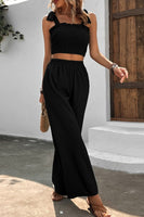 Tie Shoulder Smocked Crop Top and Wide Leg Pants Set